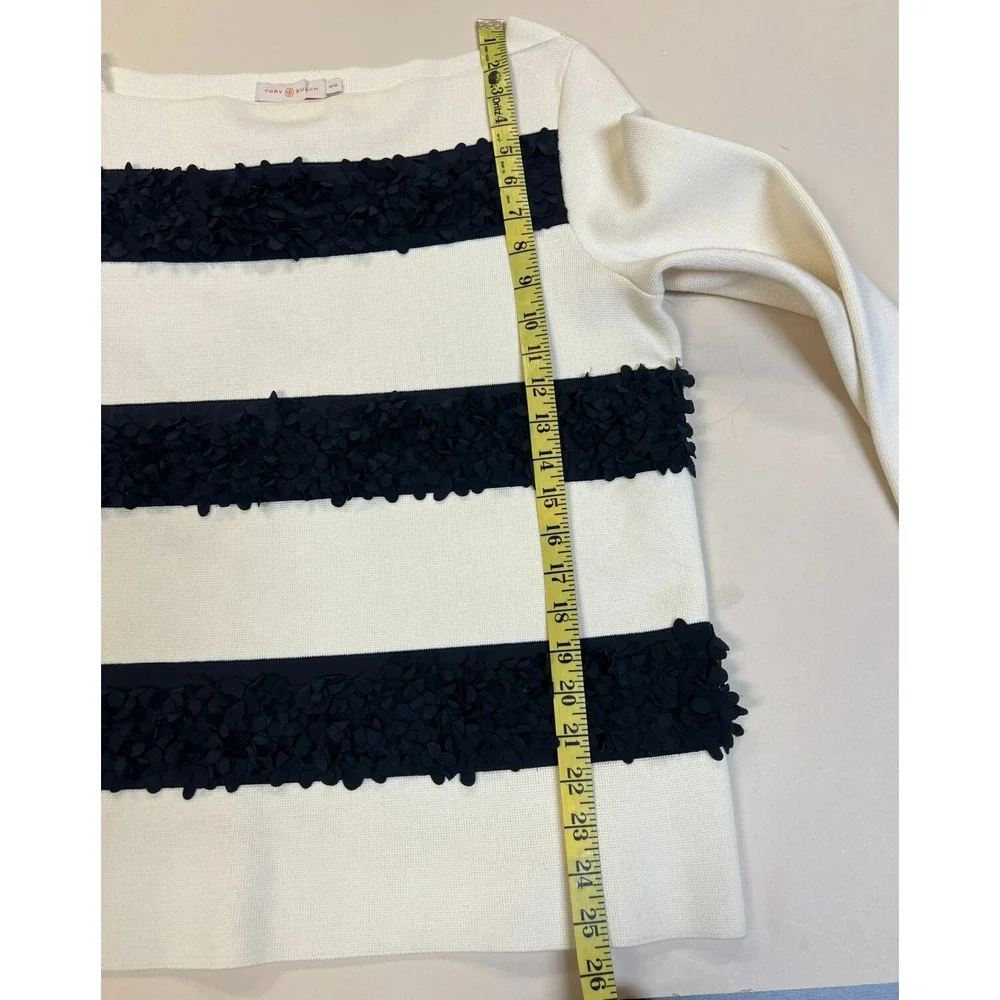 Tory Burch Flutter Flower Striped Top Bateau Neck Ivory Blue Long Sleeves SZ‎ M